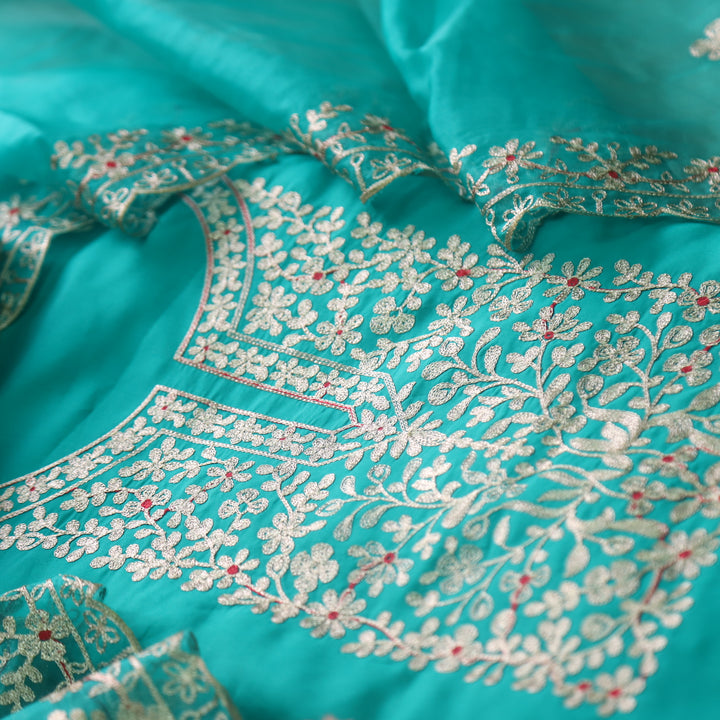 सलामी Aqua Blue Embellish Zari Neck Work Modal Suit Set