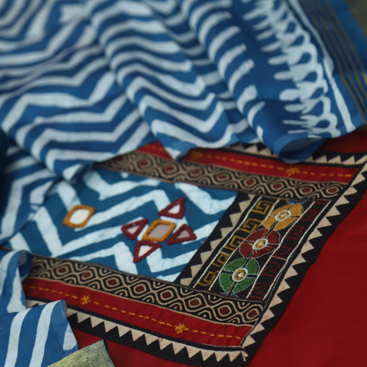 Kinaari Bright Red Mirror in Leheriya Print Patch Glazed Cotton Suit Set