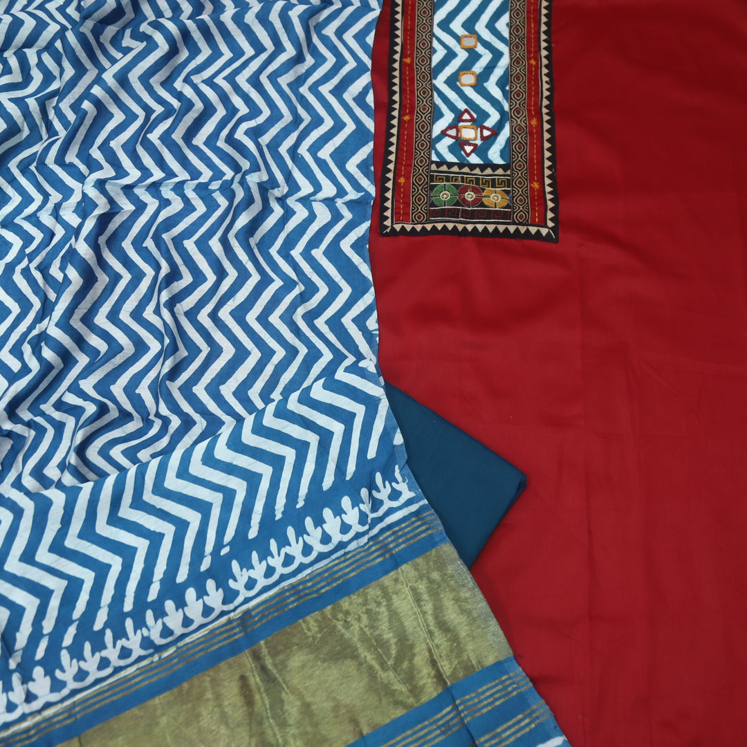 Kinaari Bright Red Mirror in Leheriya Print Patch Glazed Cotton Suit Set