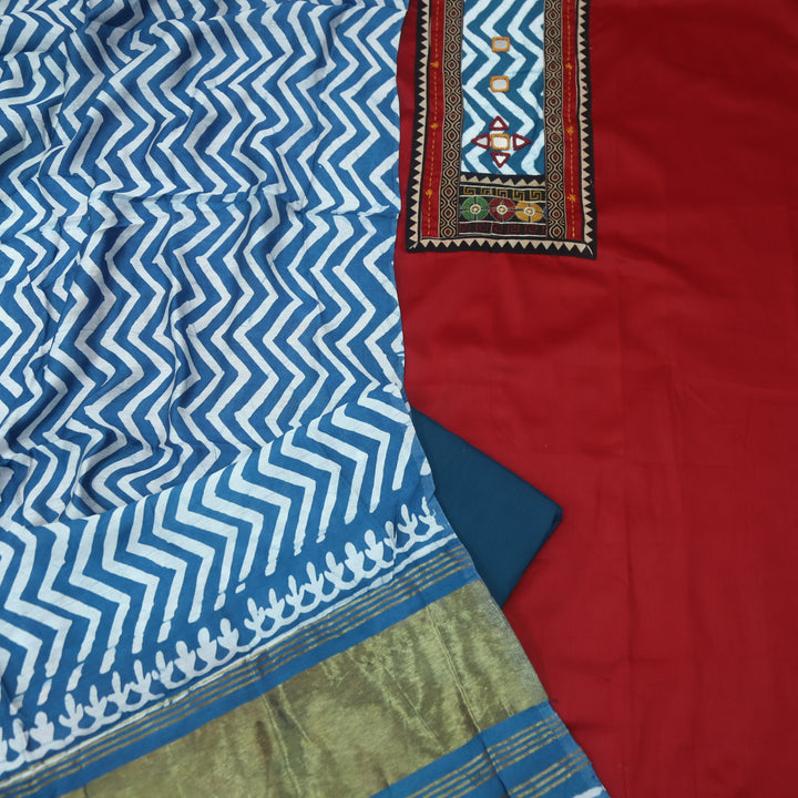 Kinaari Bright Red Mirror in Leheriya Print Patch Glazed Cotton Suit Set