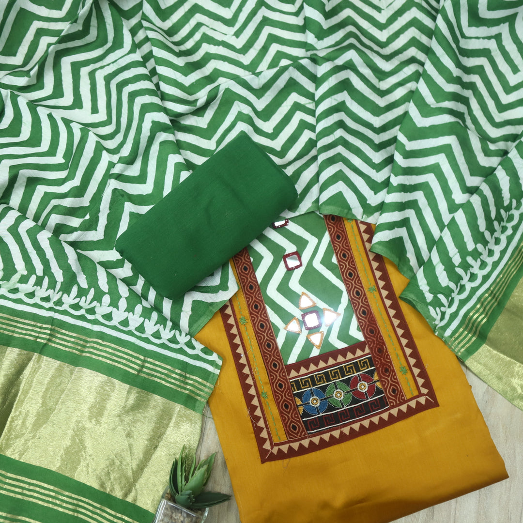 Kinaari Dijon Yellow Mirror in Leheriya Print Patch Glazed Cotton Suit Set