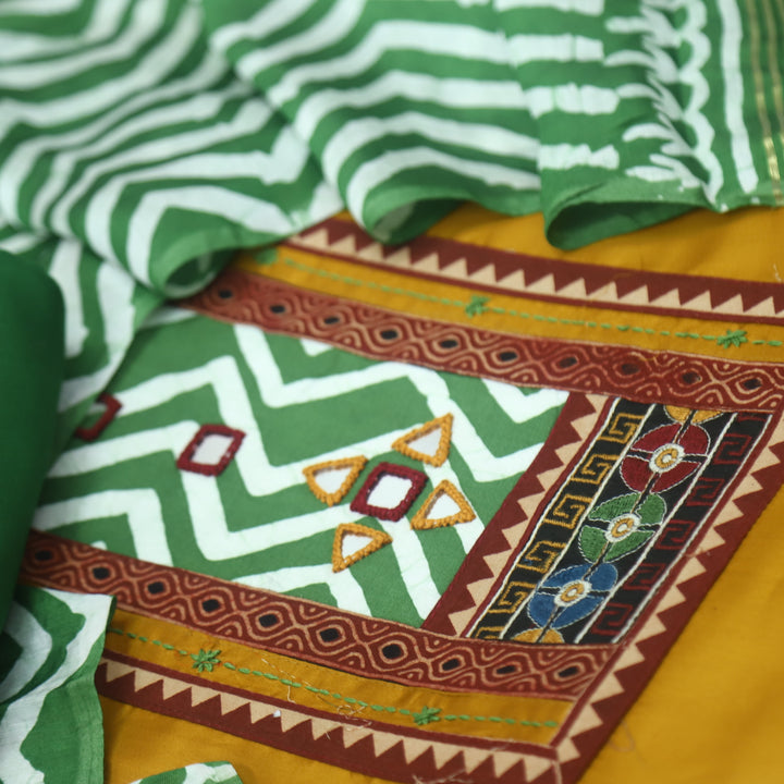 Kinaari Dijon Yellow Mirror in Leheriya Print Patch Glazed Cotton Suit Set