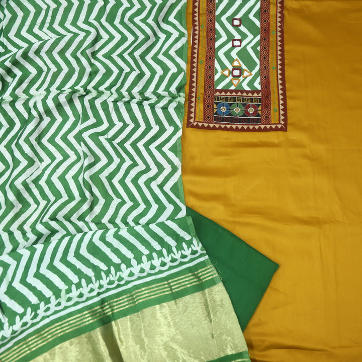 Kinaari Dijon Yellow Mirror in Leheriya Print Patch Glazed Cotton Suit Set
