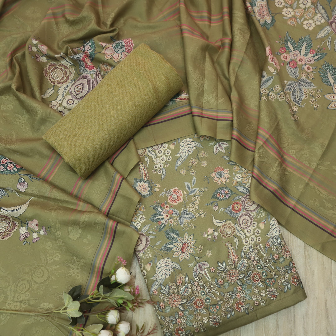 शरारत Moss Green Embroidered Hem in Floral Print Semi Pashmina Winter Set