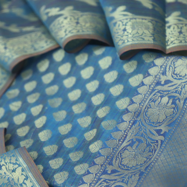 Veriya Cerulean Blue All Over Brocade Work details Handloom Chanderi Suit Set