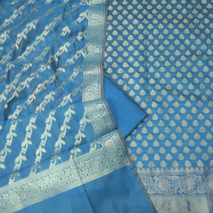 Veriya Cerulean Blue All Over Brocade Work details Handloom Chanderi Suit Set
