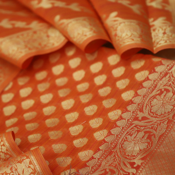 Veriya Tangerine Orange All Over Brocade Work details Handloom Chanderi Suit Set