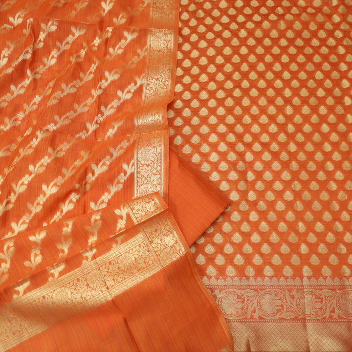 Veriya Tangerine Orange All Over Brocade Work details Handloom Chanderi Suit Set