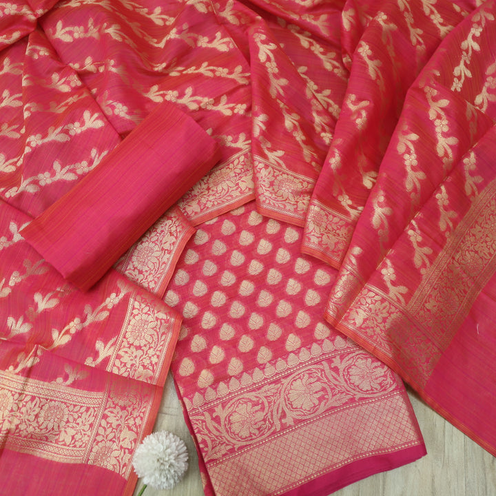 Veriya Hot Pink All Over Brocade Work details Handloom Chanderi Suit Set