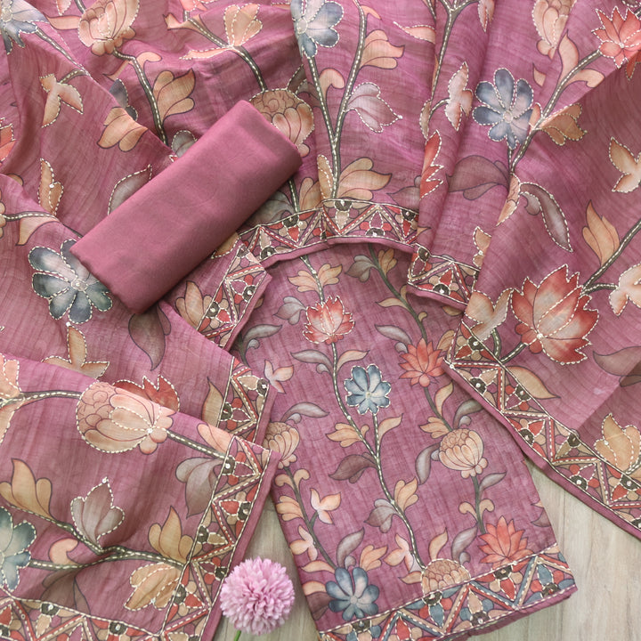 परछाई Blush Mauve Pichwai Printed Kantha Work Chanderi Suit Set