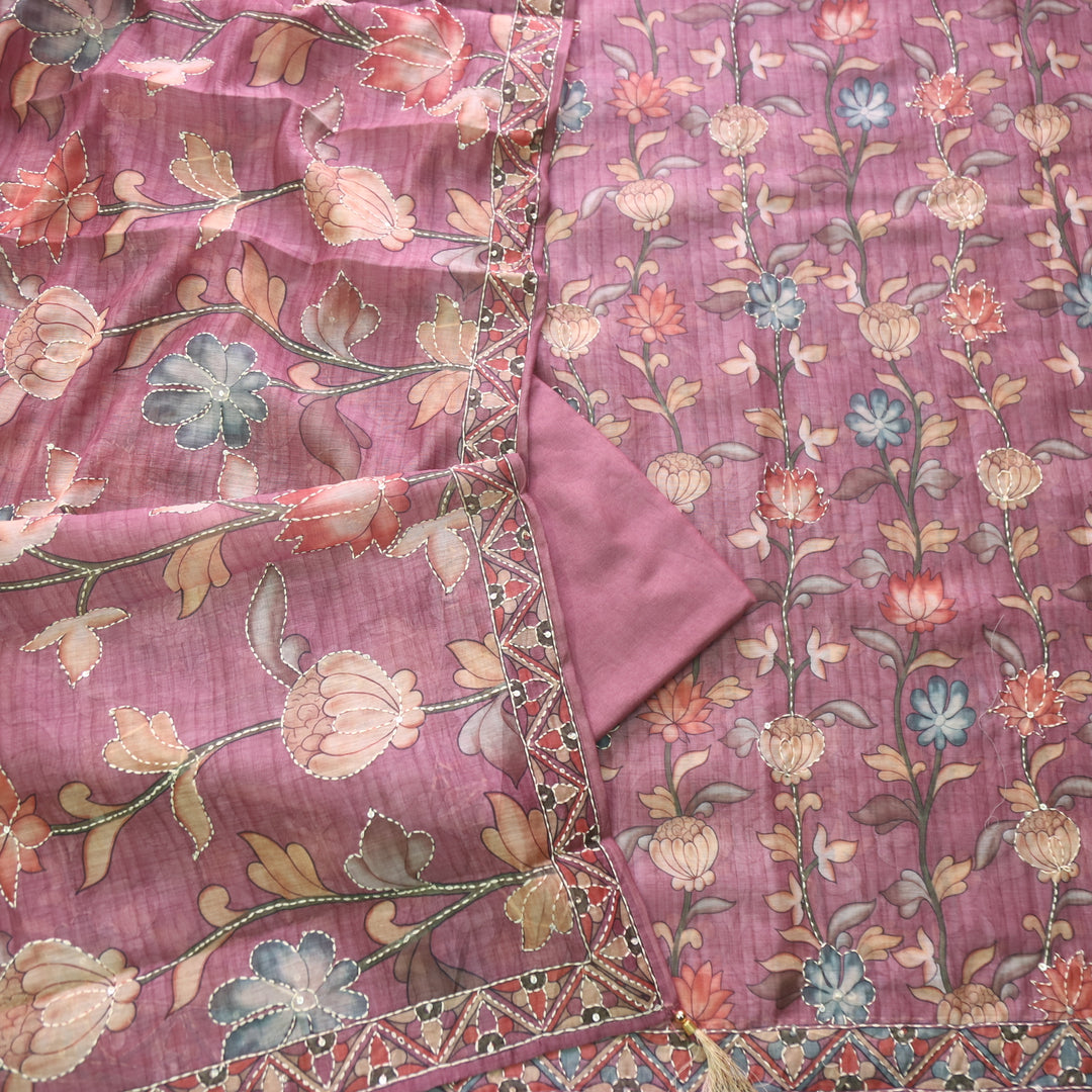 परछाई Blush Mauve Pichwai Printed Kantha Work Chanderi Suit Set