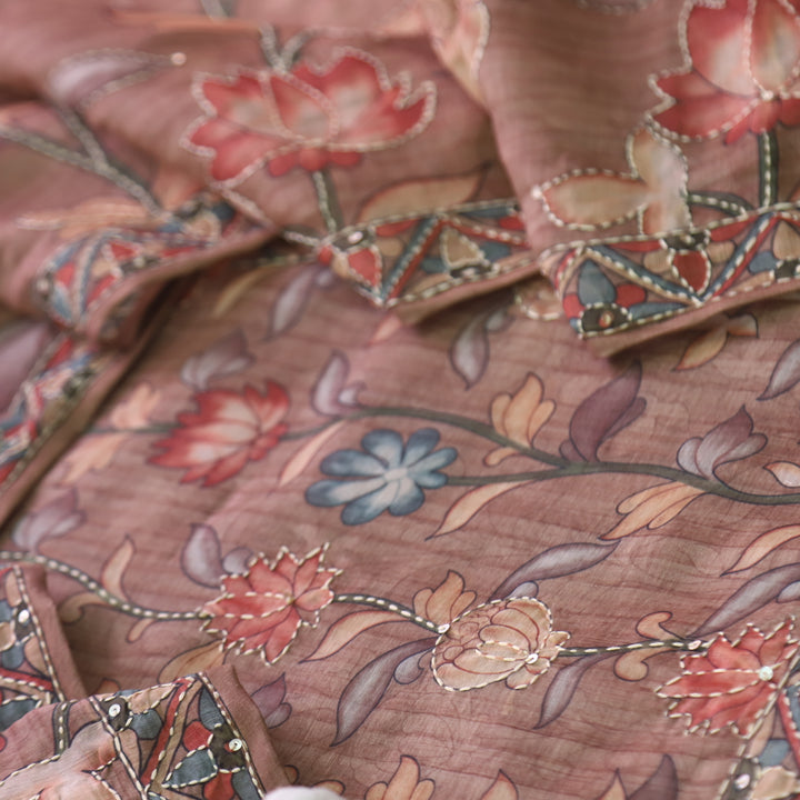 परछाई Sand Latte Pichwai Printed Kantha Work Chanderi Suit Set