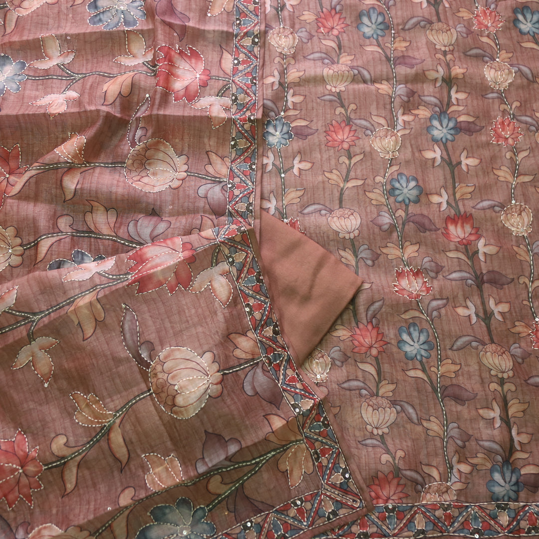 परछाई Sand Latte Pichwai Printed Kantha Work Chanderi Suit Set