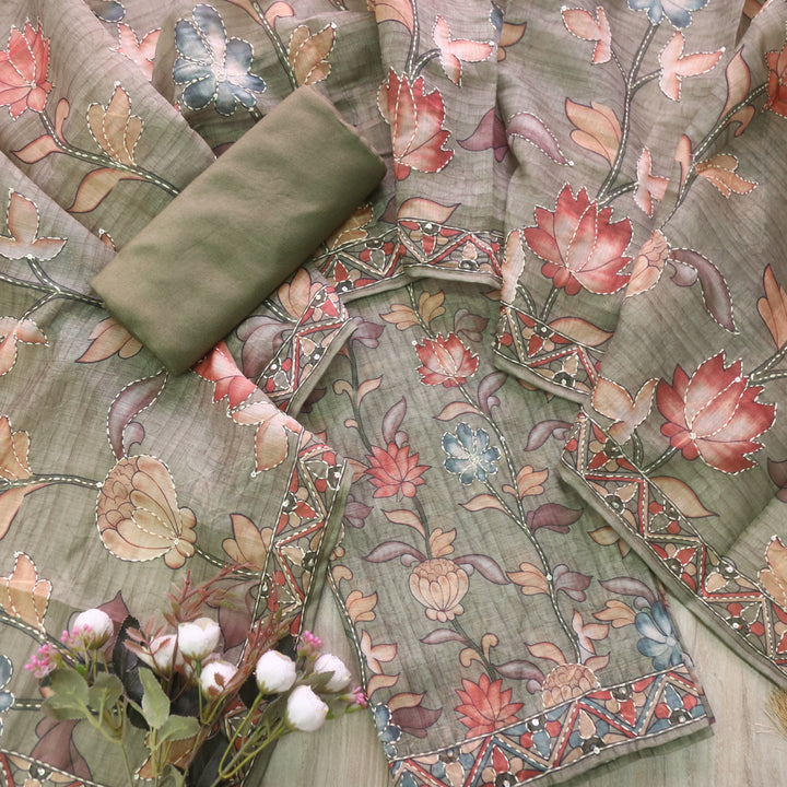 परछाई Moss Sage Green Pichwai Printed Kantha Work Chanderi Suit Set
