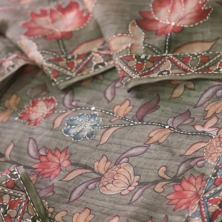 परछाई Moss Sage Green Pichwai Printed Kantha Work Chanderi Suit Set