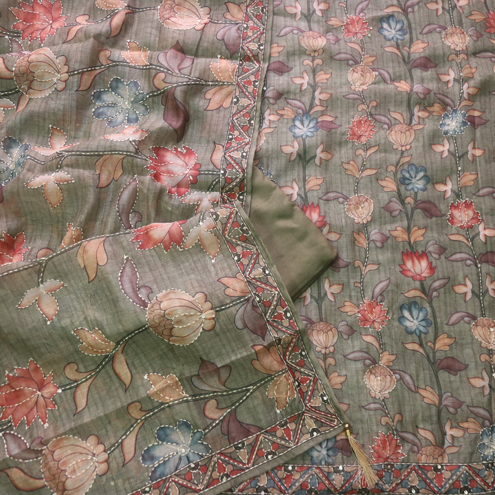 परछाई Moss Sage Green Pichwai Printed Kantha Work Chanderi Suit Set