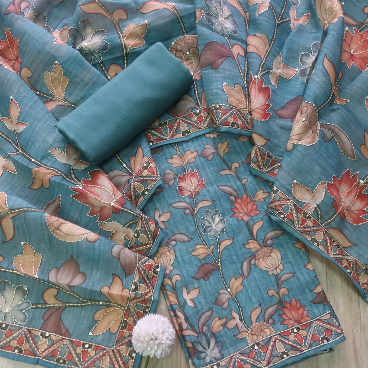 परछाई Sapphire Blue Pichwai Printed Kantha Work Chanderi Suit Set