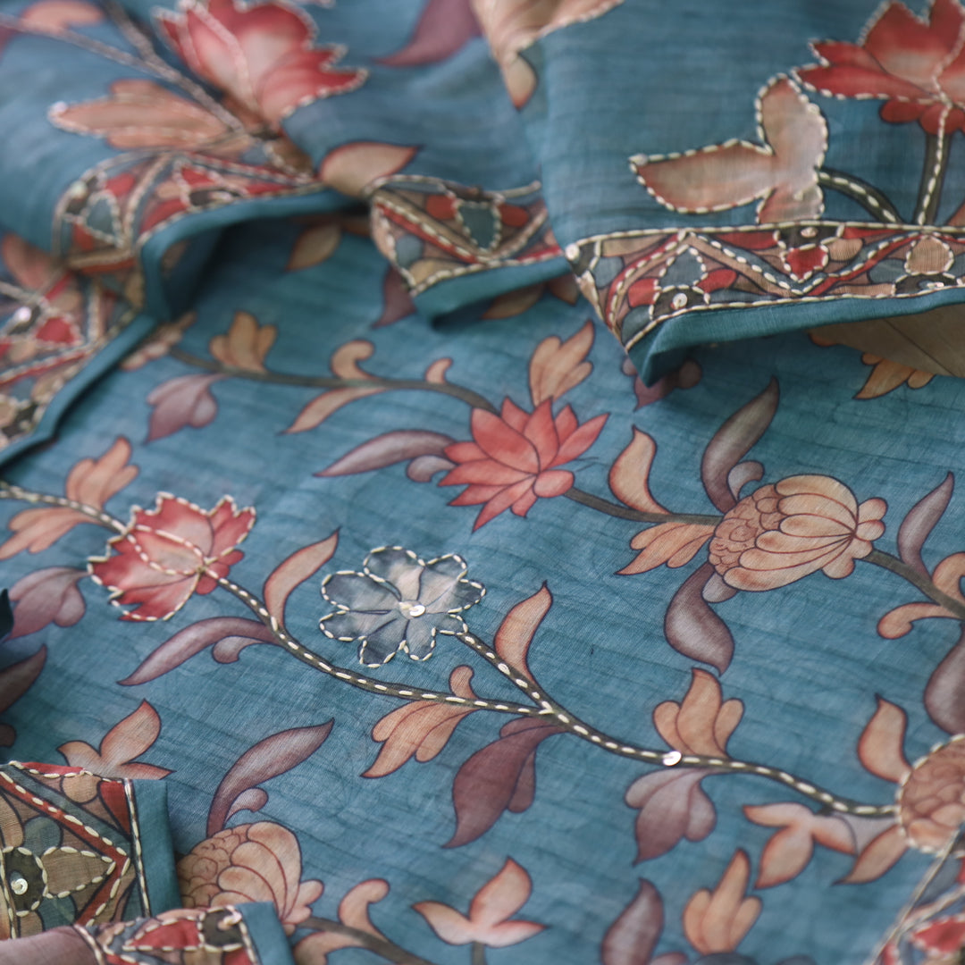 परछाई Sapphire Blue Pichwai Printed Kantha Work Chanderi Suit Set