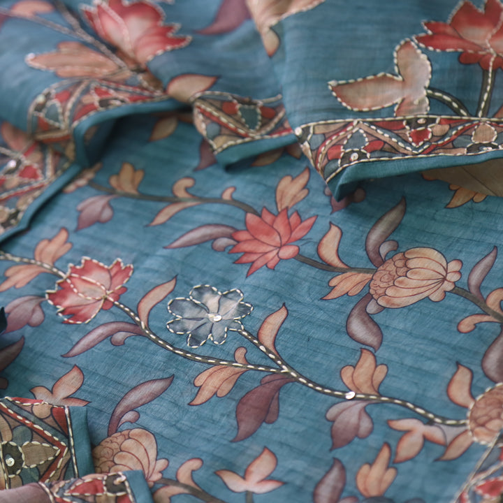 परछाई Sapphire Blue Pichwai Printed Kantha Work Chanderi Suit Set