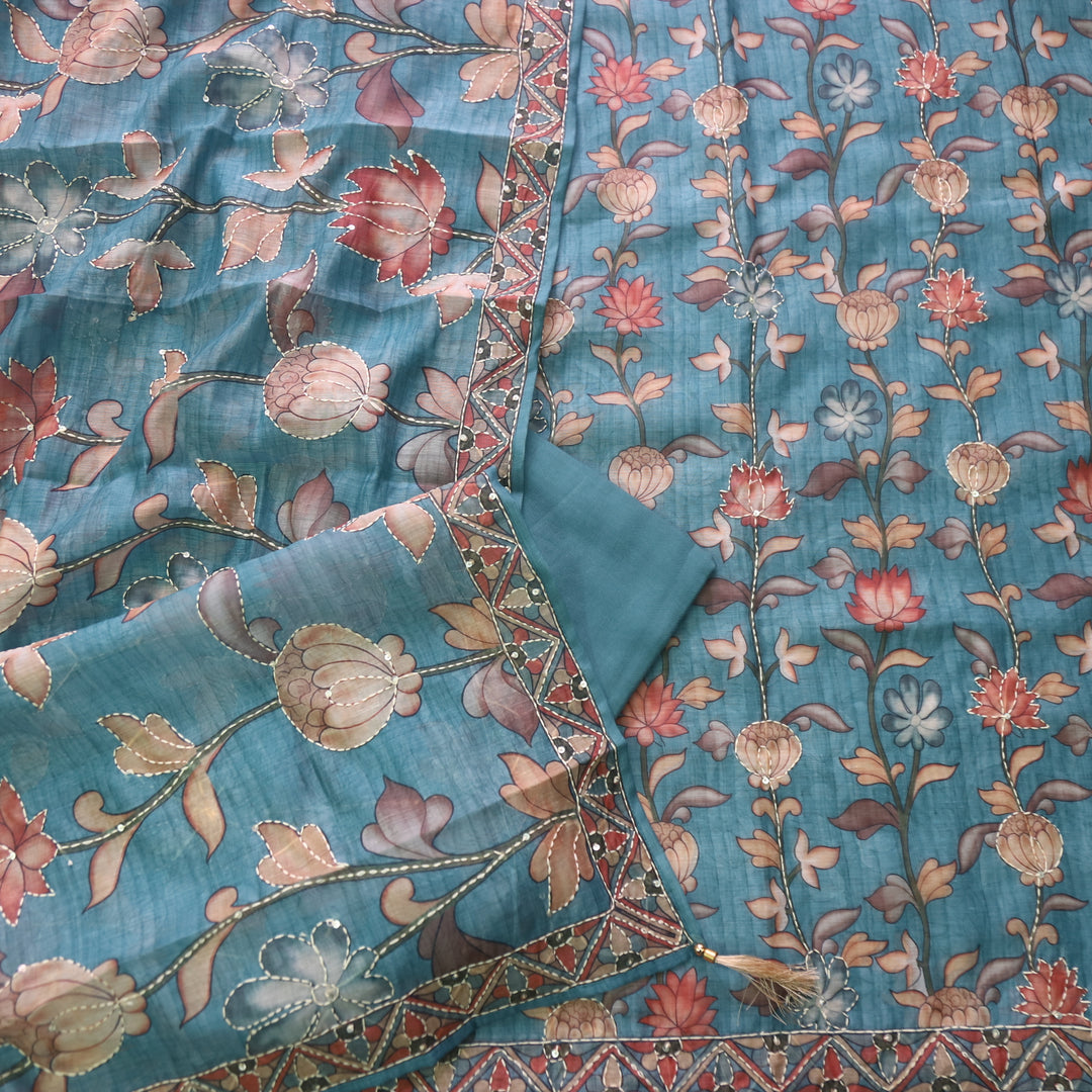 परछाई Sapphire Blue Pichwai Printed Kantha Work Chanderi Suit Set