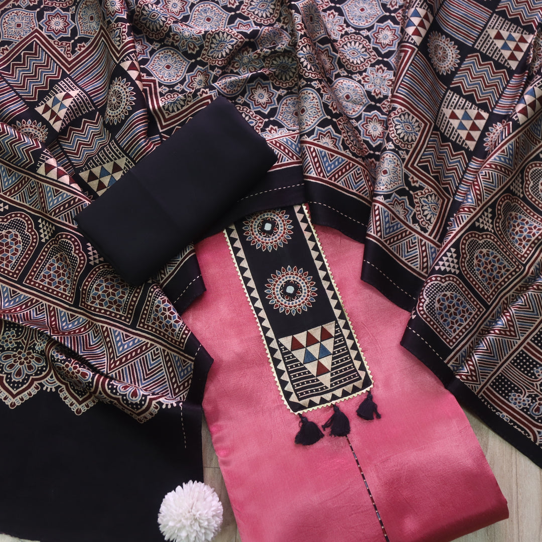 Haniya Flamingo Pink Patch Work Mashru Silk Top with Stole Dupatta