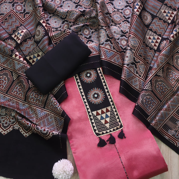 Haniya Flamingo Pink Patch Work Mashru Silk Top with Stole Dupatta