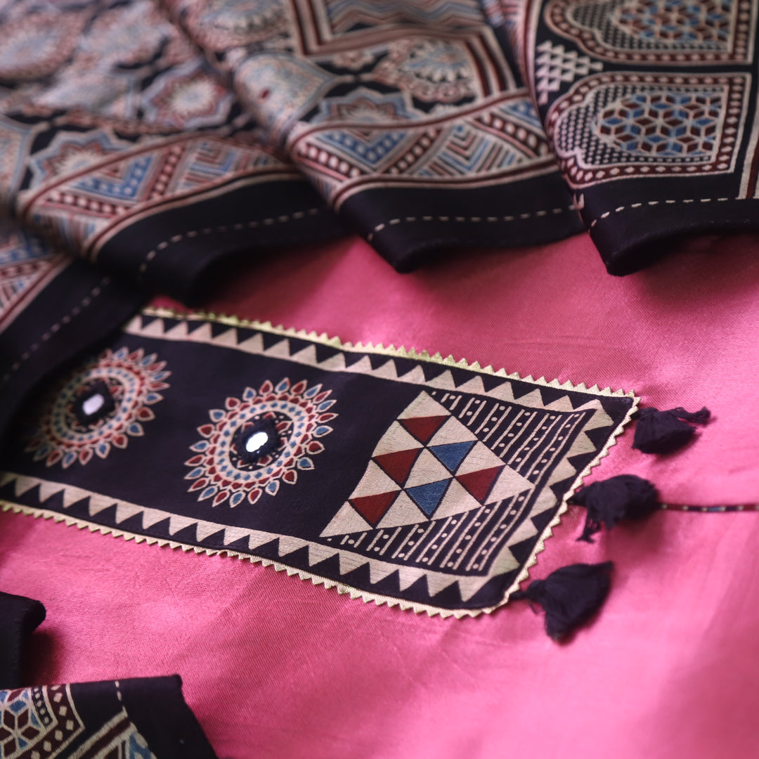 Haniya Flamingo Pink Patch Work Mashru Silk Top with Stole Dupatta