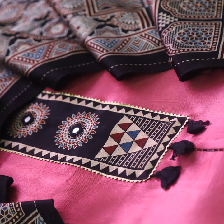 Haniya Flamingo Pink Patch Work Mashru Silk Top with Stole Dupatta