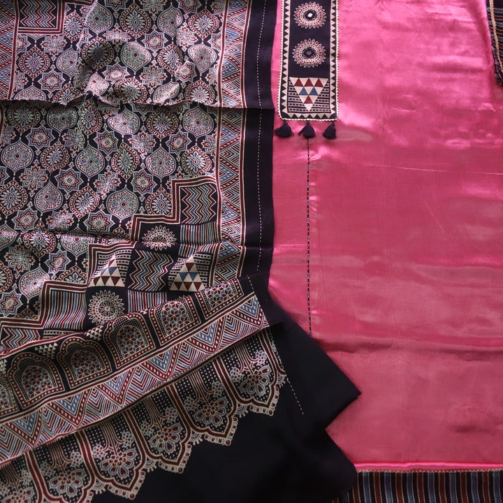 Haniya Flamingo Pink Patch Work Mashru Silk Top with Stole Dupatta