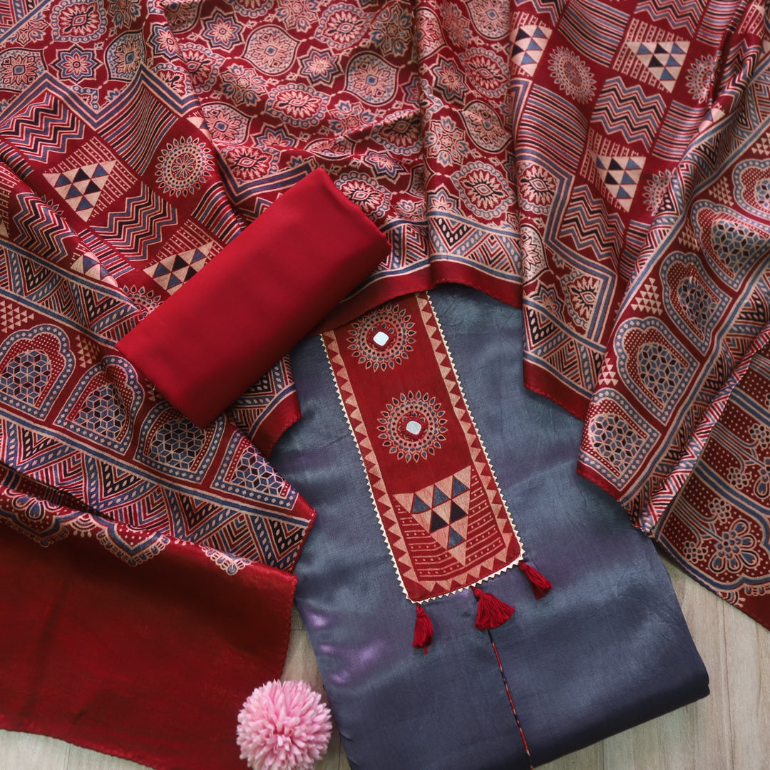 Haniya Bluish Grey Patch Work Mashru Silk Top with Stole Dupatta