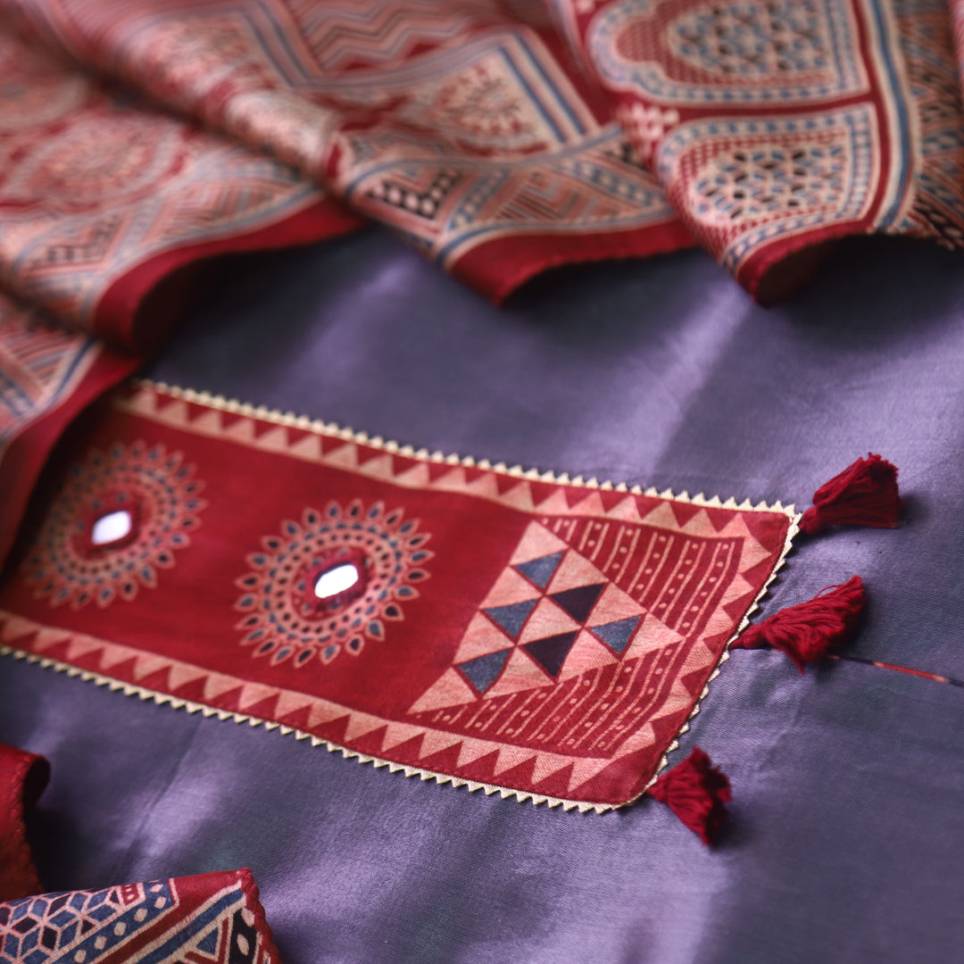 Haniya Bluish Grey Patch Work Mashru Silk Top with Stole Dupatta
