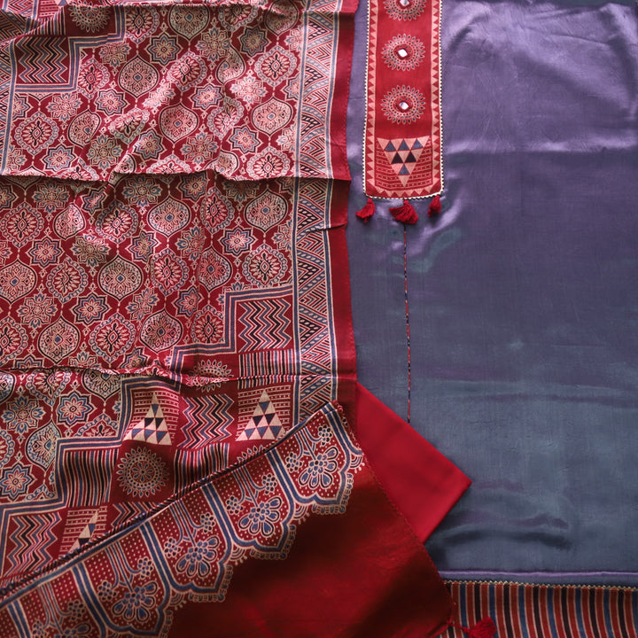 Haniya Bluish Grey Patch Work Mashru Silk Top with Stole Dupatta