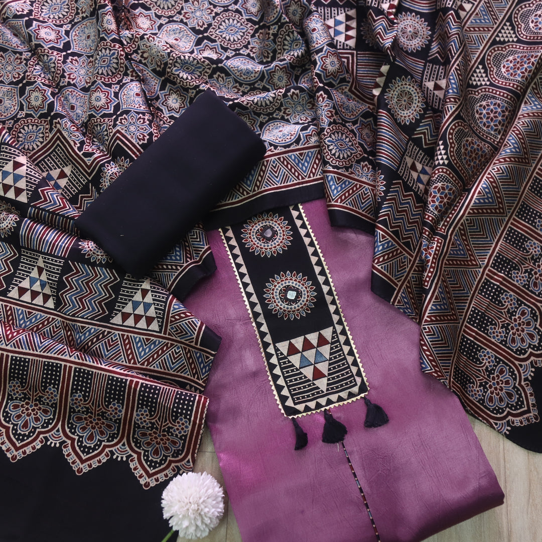 Haniya Violet Purple Patch Work Mashru Silk Top with Stole Dupatta