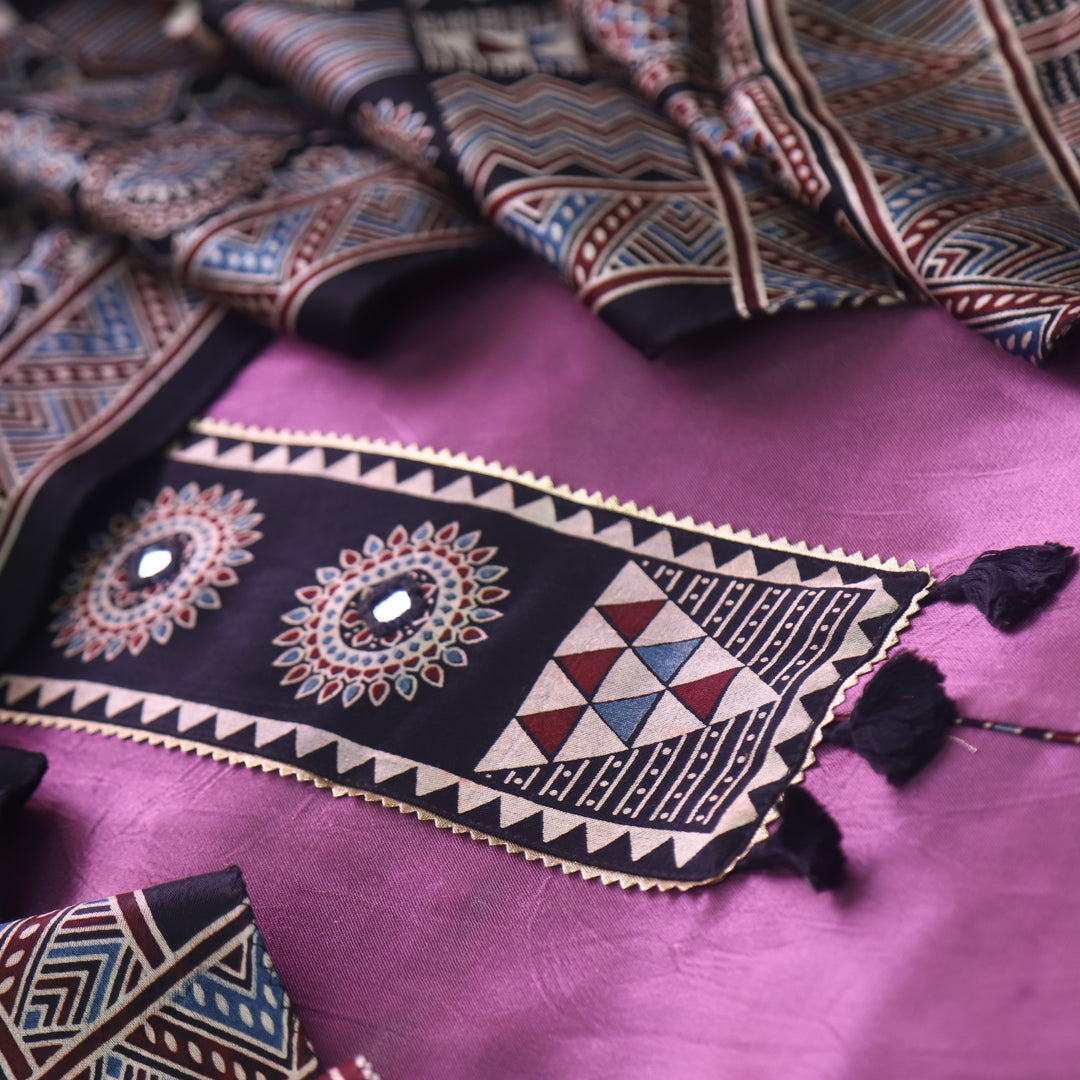 Haniya Violet Purple Patch Work Mashru Silk Top with Stole Dupatta