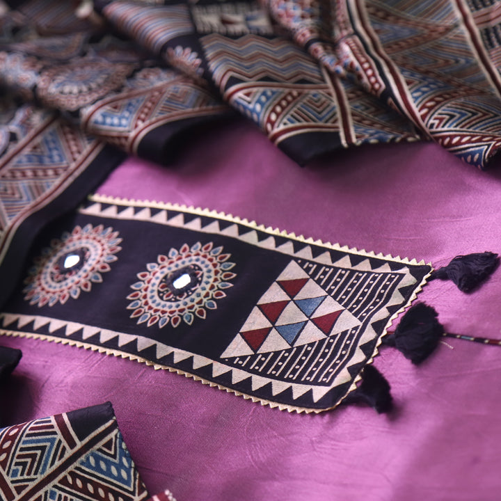 Haniya Violet Purple Patch Work Mashru Silk Top with Stole Dupatta