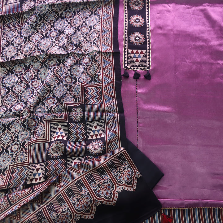 Haniya Violet Purple Patch Work Mashru Silk Top with Stole Dupatta