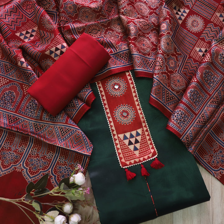 Haniya Dark Green Patch Work Mashru Silk Top with Stole Dupatta