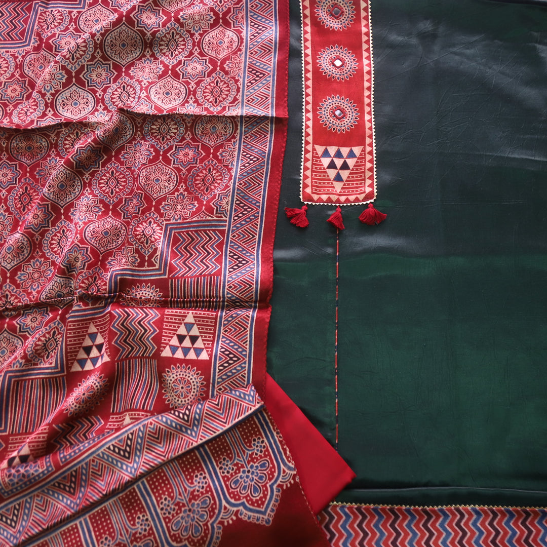 Haniya Dark Green Patch Work Mashru Silk Top with Stole Dupatta