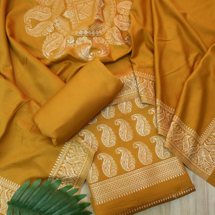 परछाई Marigold Yellow All Over Zari Weaved Semi Pashmina Winter Set