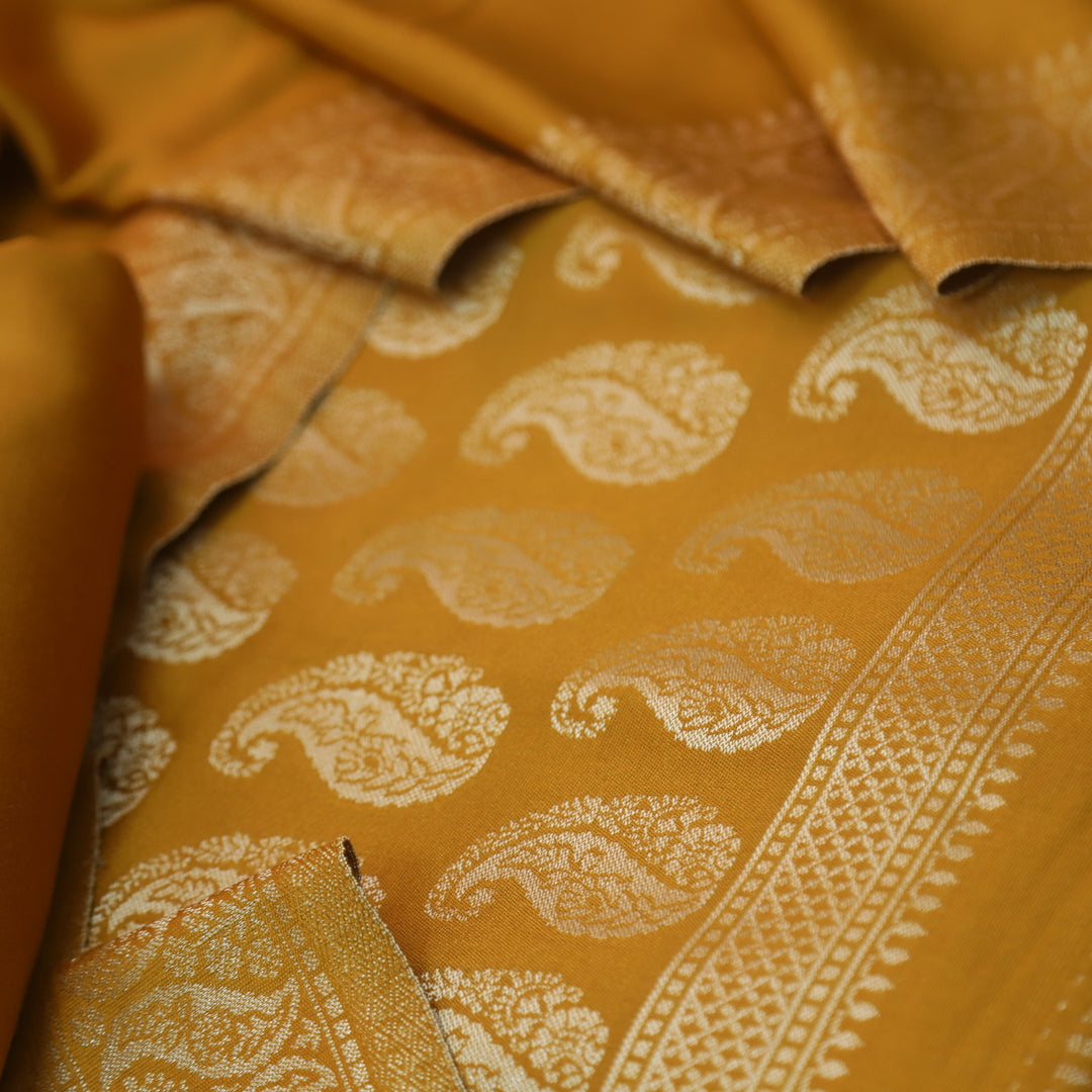 परछाई Marigold Yellow All Over Zari Weaved Semi Pashmina Winter Set