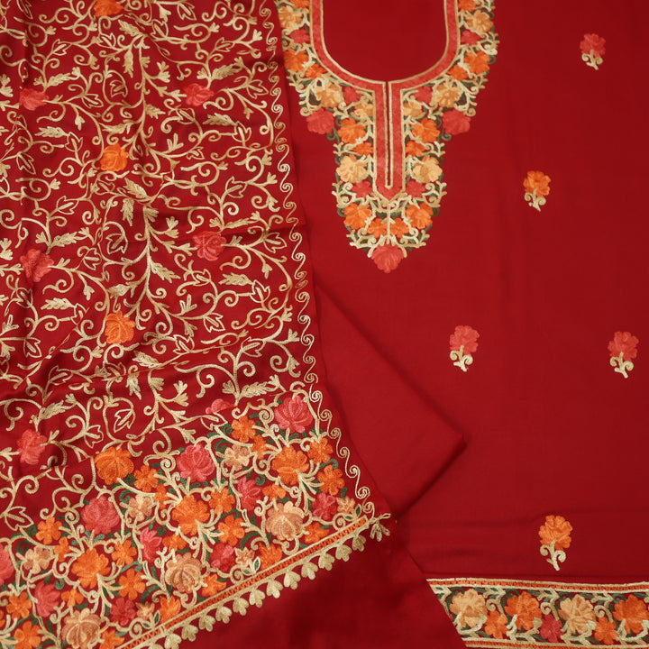 तिलक Vermillion Red Kashida Embroidered Neck Semi Pashmina Winter Suit Set