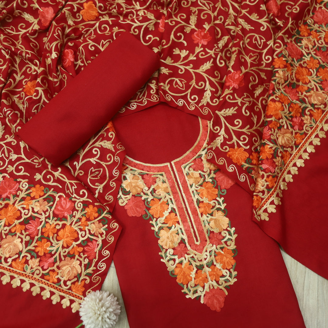 तिलक Vermillion Red Kashida Embroidered Neck Semi Pashmina Winter Suit Set