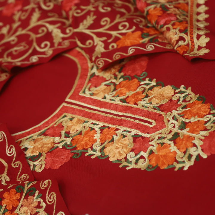 तिलक Vermillion Red Kashida Embroidered Neck Semi Pashmina Winter Suit Set