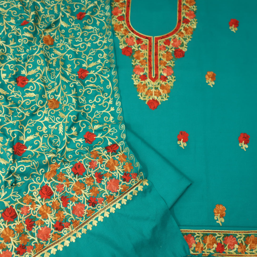 तिलक Clover Teal Embroidered Neck Semi Pashmina Winter Suit Set