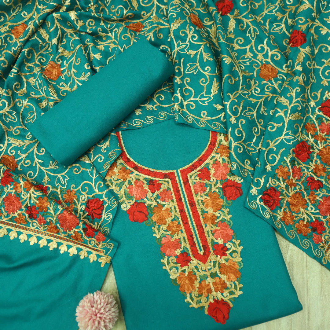 तिलक Clover Teal Embroidered Neck Semi Pashmina Winter Suit Set