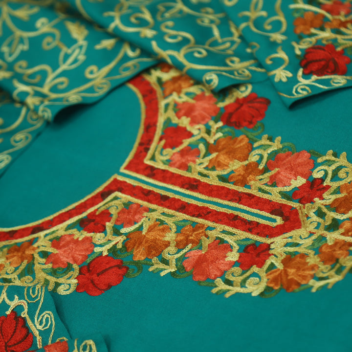 तिलक Clover Teal Embroidered Neck Semi Pashmina Winter Suit Set