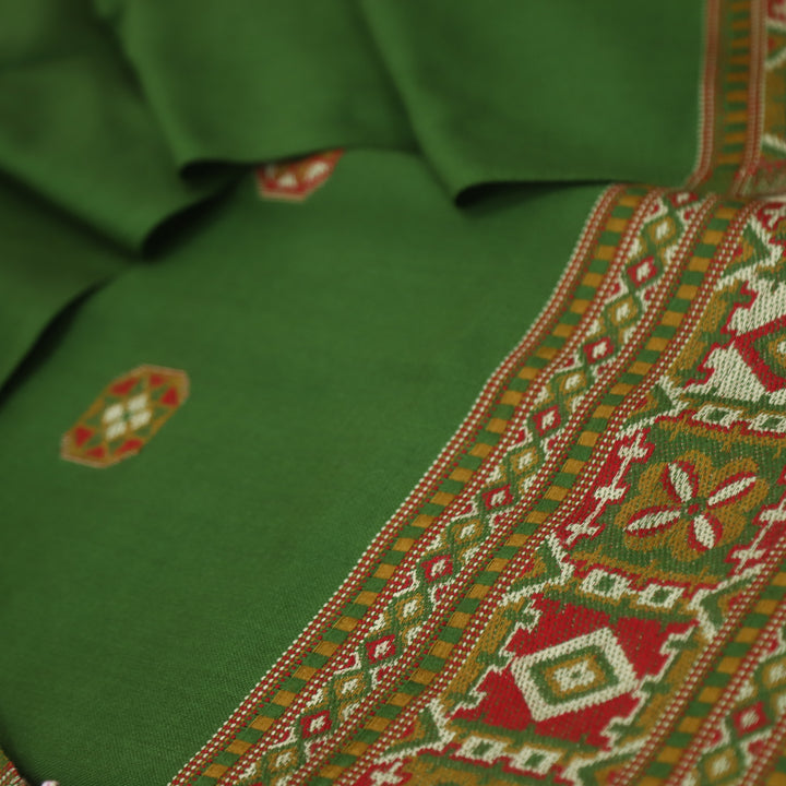 कृति Grass Green Kullu Thread Weaved Hem Semi Pashmina Winter Suit Set