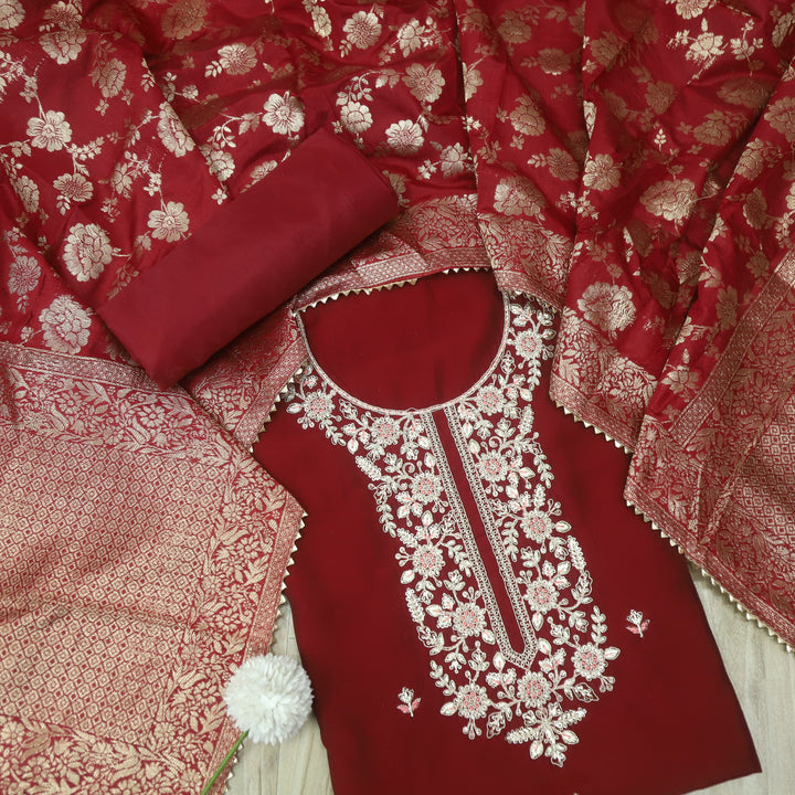 Sourya Bride Red Zari Embellished Neck Work Modal Suit Set