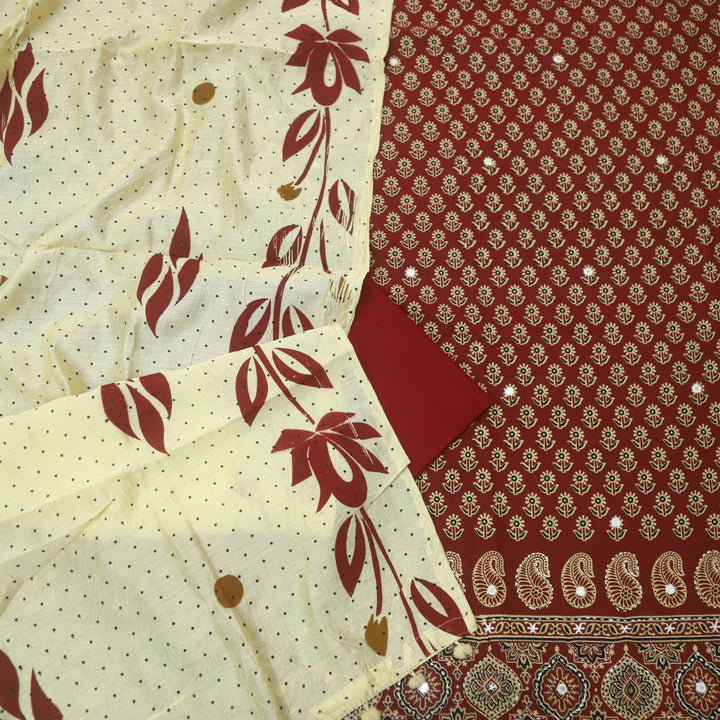 Aayena Berry Red Patra Detailing in Ajrak Printed Cotton Suit Set D1