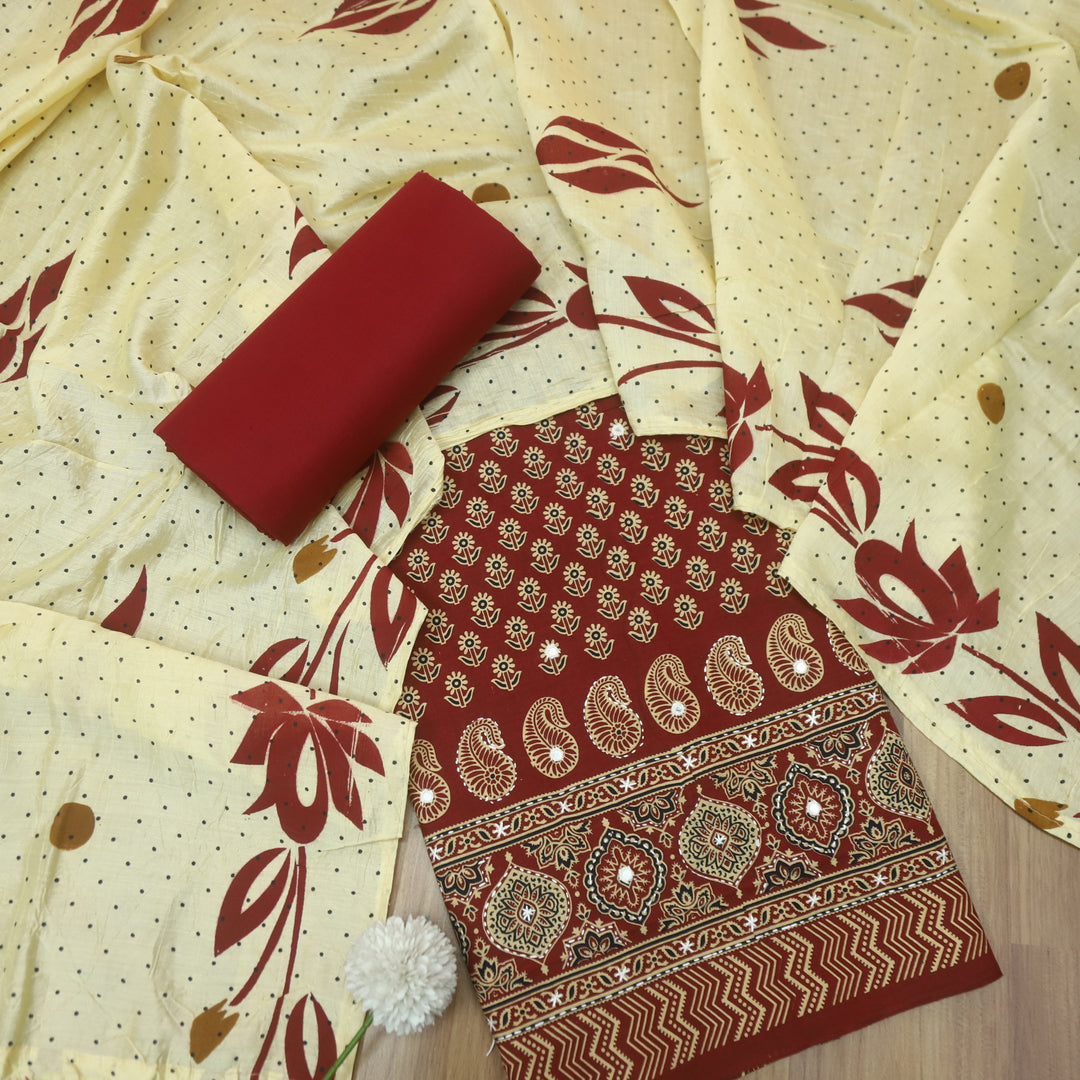 Aayena Berry Red Patra Detailing in Ajrak Printed Cotton Suit Set D1